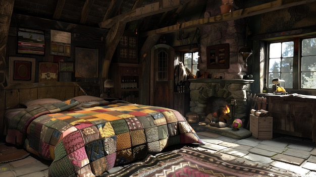 Cálido dormitorio de estilo medieval rústico con una chimenea iluminada ricos muebles de madera y una colcha colorida