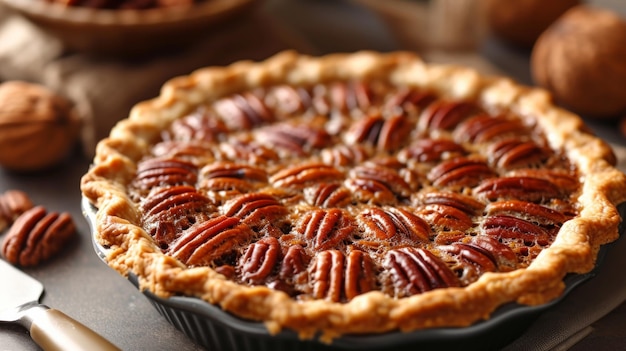 Un cálido pastel de nueces pegajoso un clásico del sur con un relleno de nueces dulces