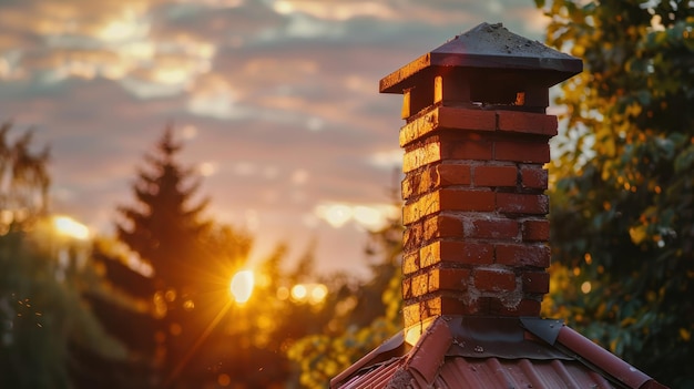 El cálido resplandor de la puesta de sol ilumina una chimenea de ladrillo en el techo de una casa con un fondo de nubes y árboles suavemente iluminados