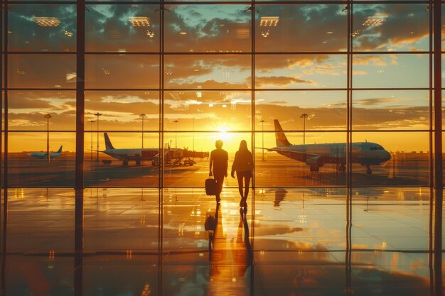 El cálido resplandor de la puesta de sol ilumina un pasillo del aeropuerto mientras dos figuras en silueta, probablemente pasajeros, caminan hacia su puerta