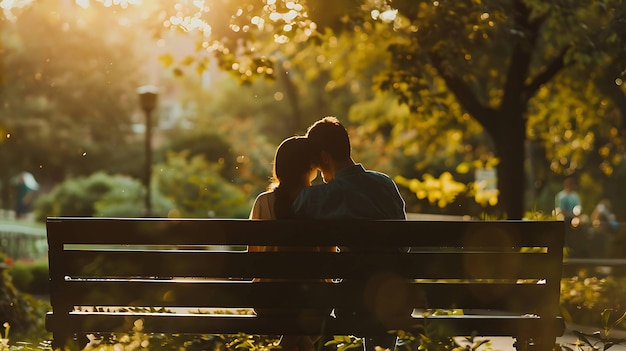 El cálido resplandor del sol poniente lanza un hechizo romántico sobre una pareja sentada en un banco del parque