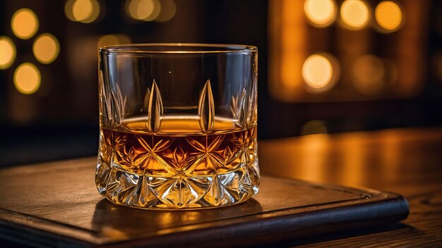 Foto un cálido vaso de whisky escocés en una acogedora mesa de madera.