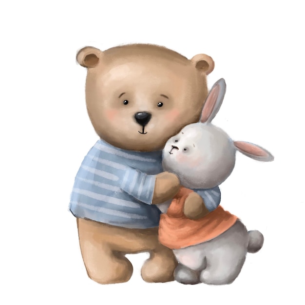 Cálidos abrazos de clipart de estilo acuarela de ilutración infantil de oso y liebre con personajes de dibujos animados