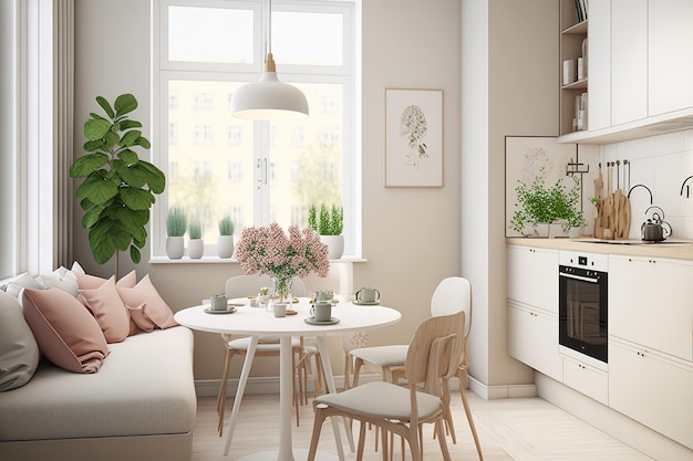 Los cálidos colores blanco pastel y beige se utilizan en el diseño interior del espacioso y alegre estudio de estilo escandinavo Toques modernos en la cocina y muebles de moda en el