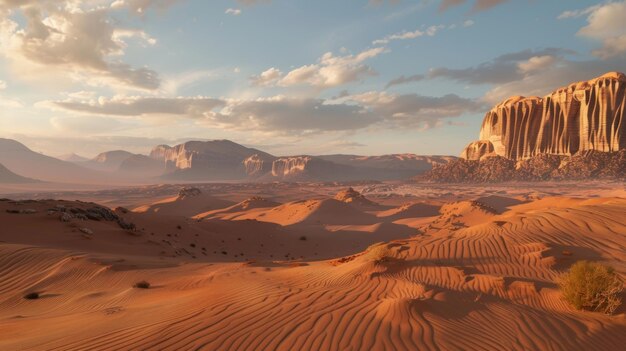 Los cálidos tonos de caramelo de las arenas del desierto se hacen eco en las pálidas sombras de tierra del cielo al anochecer