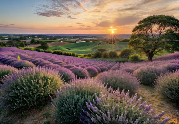 Foto los cálidos tonos de la puesta de sol sobre una colina cubierta de lavanda en flor paisaje papel tapiz