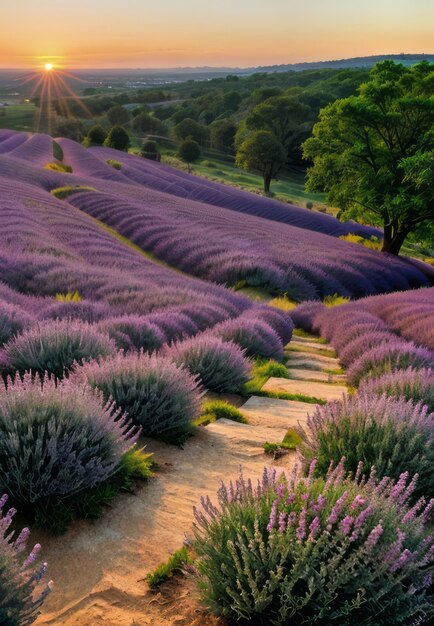 los cálidos tonos de la puesta de sol sobre una colina cubierta de lavanda en flor paisaje papel tapiz