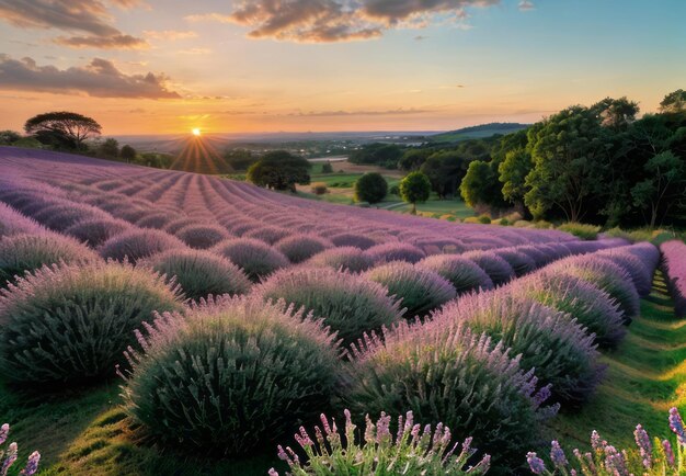 Foto los cálidos tonos de la puesta de sol sobre una colina cubierta de lavanda en flor paisaje papel tapiz