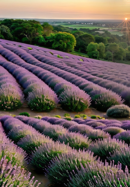 Foto los cálidos tonos de la puesta de sol sobre una colina cubierta de lavanda en flor paisaje papel tapiz