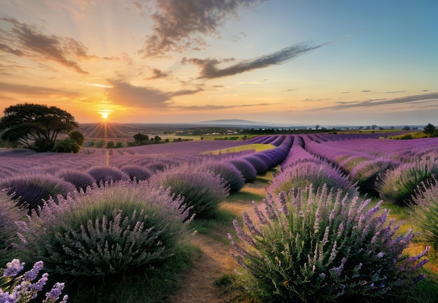 los cálidos tonos de la puesta de sol sobre una colina cubierta de lavanda en flor paisaje papel tapiz