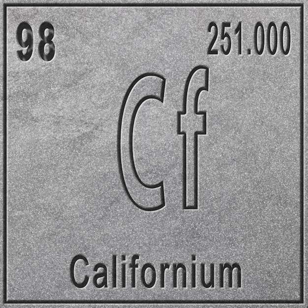 Californium chemisches Element, Zeichen mit Ordnungszahl und Atomgewicht, Element des Periodensystems, silberner Hintergrund