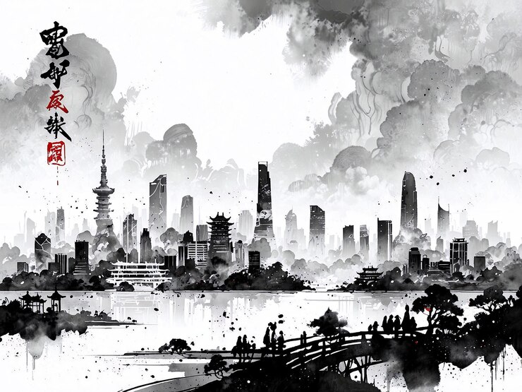 Caligrafía china pintura de paisajes de ciudades con tinta negra