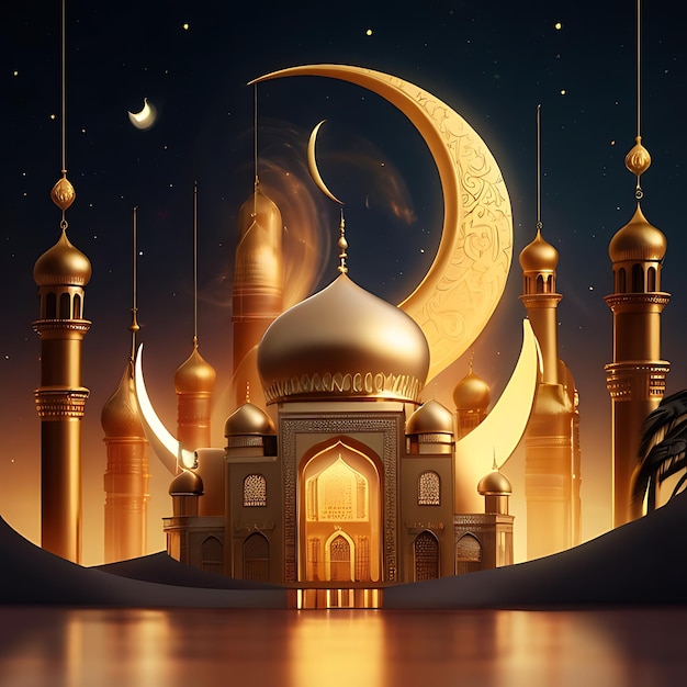 Caligrafia Eid Mubarak com gravura oca da lua em fundo de bokeh dourado Ilustração