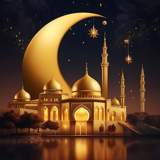 Caligrafia Eid Mubarak com gravura oca da lua em fundo de bokeh dourado Ilustração