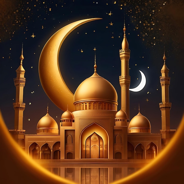 Caligrafía de Eid Mubarak con grabado hueco de luna en fondo de bokeh dorado Ilustración