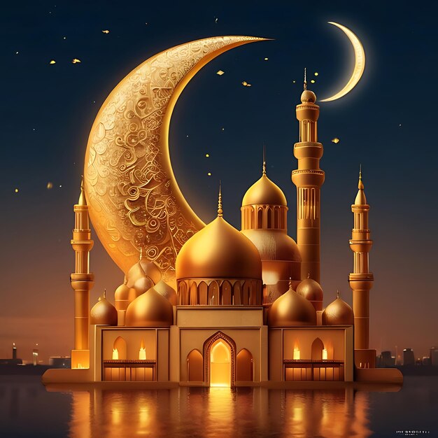 Caligrafía de Eid Mubarak con grabado hueco de luna en fondo de bokeh dorado Ilustración