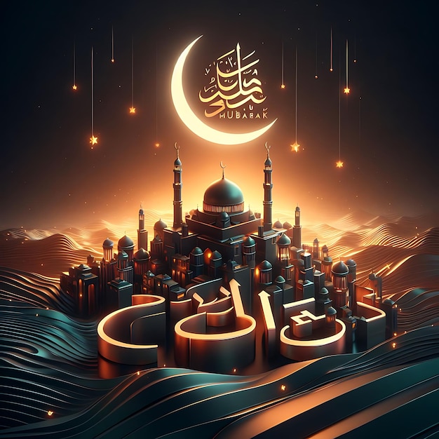 Caligrafía de Eid Mubarak con grabado hueco de luna en fondo de bokeh dorado