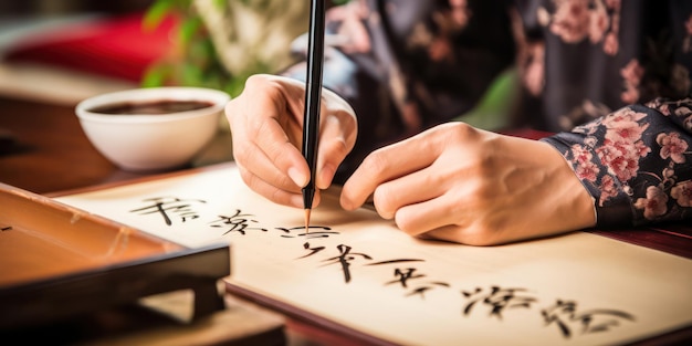 Foto los calígrafos llenos de tinta pintan con gracia los intrincados caracteres chinos a mano en papel blanco