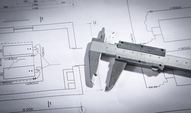 Caliper en plano de dibujo de ingeniería