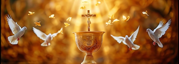 Cáliz con crucifijo en un altar adornado con palomas en vuelo idea para la santa eucaristía