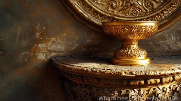 Cáliz dorado adornado en una mesa de madera con un fondo oscuro