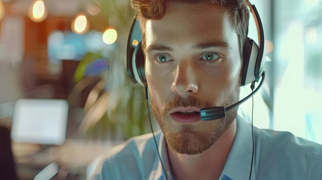 Foto call-center-agent mit headset arbeitet an einer support-hotline in einem modernen büro mit kopie generative ki