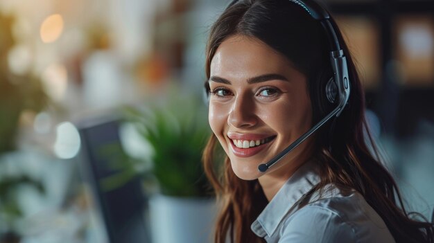 Call center jovem mulher com um sorriso Serviço ao cliente com microfone Consultor de serviço ao cliente nas áreas de vendas de telemarketing e suporte