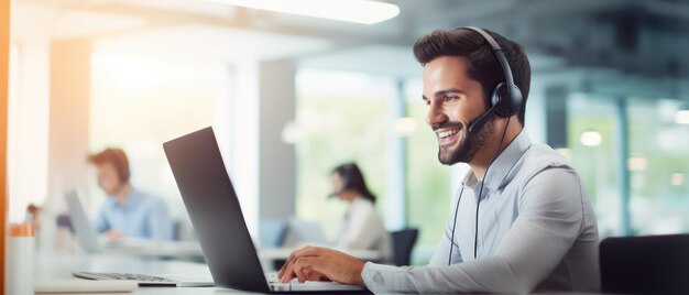 Foto call-center-mann lächelte bei der arbeit und leistete mit höflichkeit und aufmerksamkeit vor dem laptop witz