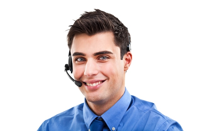 Call center operador masculino aislado en blanco