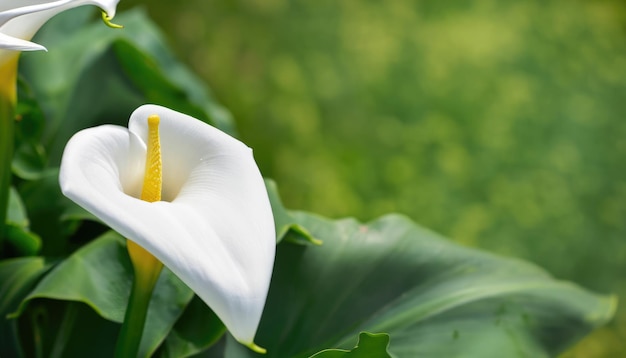 Calla blüht auf natürlichem grünen Hintergrund mit Kopierfläche