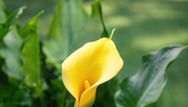 Calla en flor en un fondo verde natural con espacio para copiar