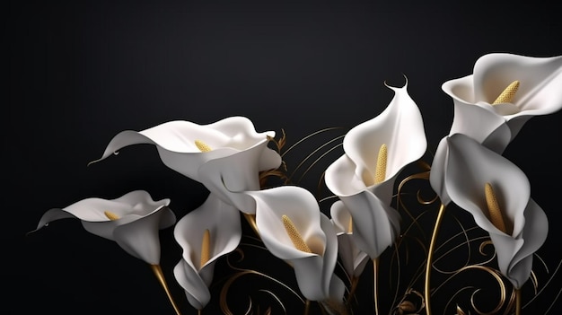 Calla-Lilienblüten auf dunklem Hintergrund. Generative KI