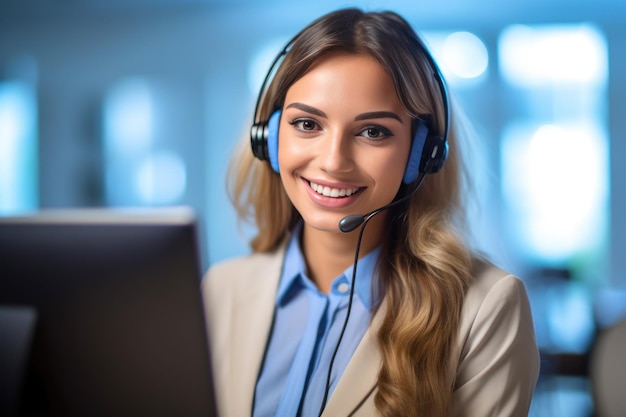 Callcenter-Betreiber mit kleinen drahtlosen Headsets arbeiten mit Desktop in einem Büro mit generativer KI