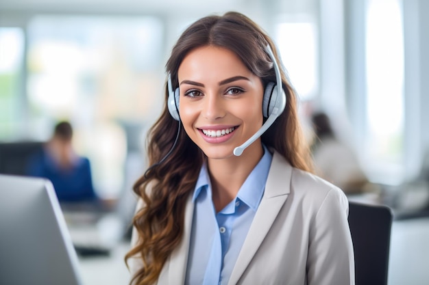 Callcenter-Betreiber mit kleinen drahtlosen Headsets arbeiten mit einem Desktop in einem Büro mit generativer KI