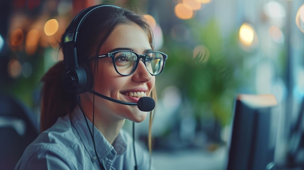 Callcenter junge Frau mit Lächeln Kundendienst mit Mikrofon Kundendienstberater in den Bereichen Telemarketing Verkauf und Support