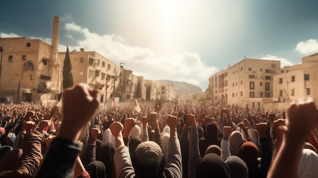 Calle abarrotada de protestantes con manos y puños levantados con la bandera de Palestina en un día soleado