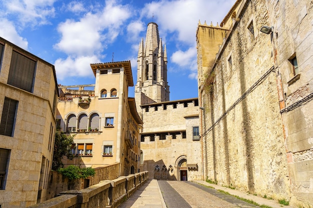 Calle de acceso a la catedral de Girona con edificios antiguos y señoriales junto a la iglesia Girona Cataluña