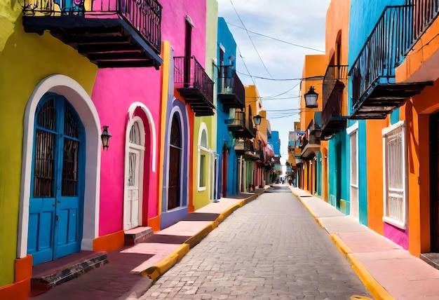 una calle con una acera amarilla y un edificio con un letrero rosa y azul que dice la palabra