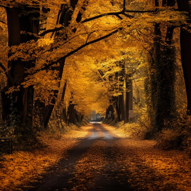 Calle Adoquinada Camino Otoño Hojas Doradas