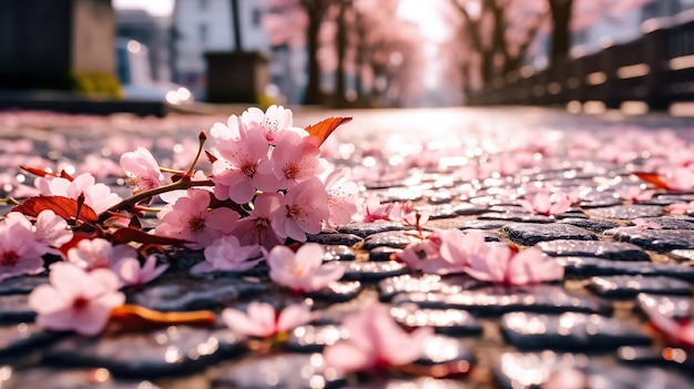 Foto la calle adoquinada está cubierta de flores de cerezo con pétalos de sakura rosados