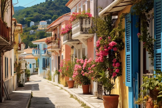 Calle adoquinada pintoresca y turística en Grecia generada por Ai