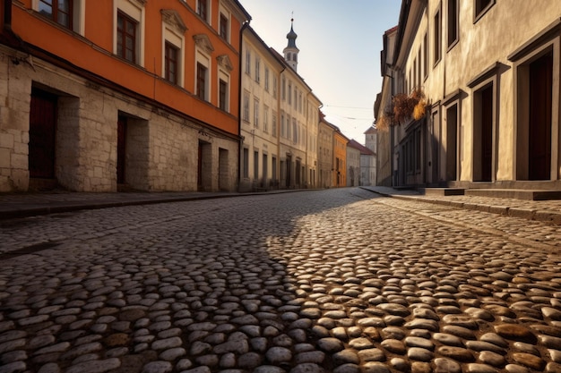 Calle adoquinada vacía con sombras de edificios creadas con ai generativo