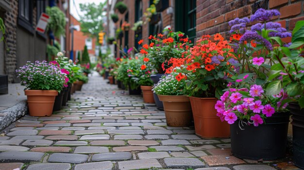 Foto una calle de adoquines alineada con flores en maceta