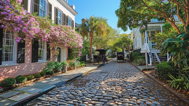 La calle de adoquines en Charleston, Carolina del Sur