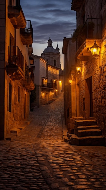 Calle de adoquines por la noche con torre del reloj