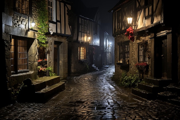 una calle de adoquines por la noche