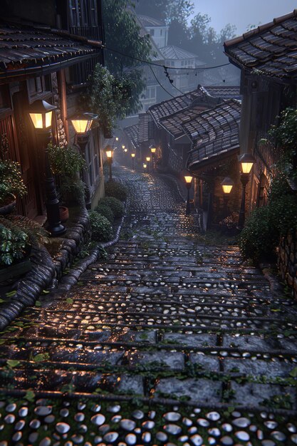 Foto la calle de adoquines en un pueblo por la noche