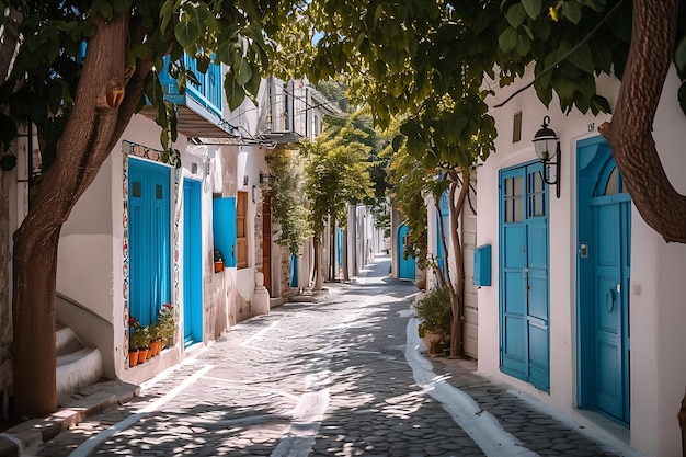 La calle de la aldea de Quaint está bordeada de árboles