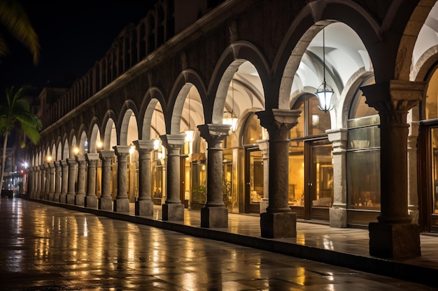 una calle con arcos y columnas iluminadas por la noche