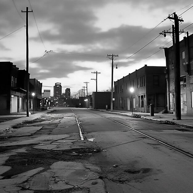 Foto calle arrafada con muchos edificios y una luz de la calle generativa ai